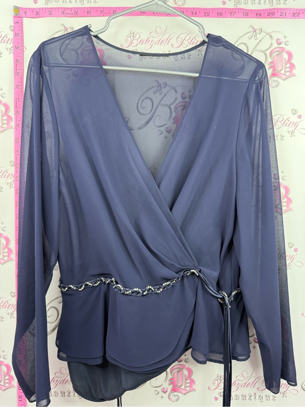 Blouse belted Wrap Blouse in Dusty blue with Beaded Waist